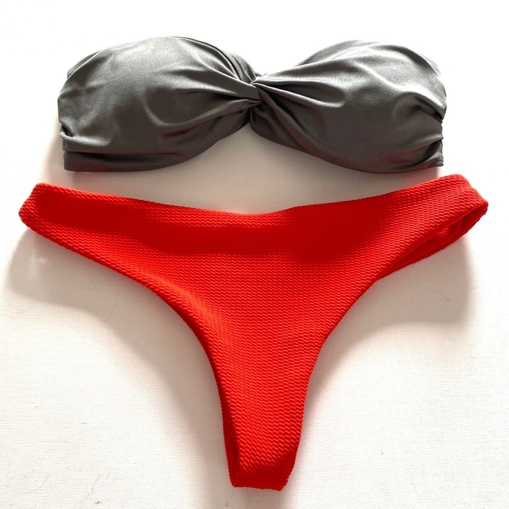 ASOS Bandeau Bikini set, Gray Top Size 8; Orange Cheeky Bottoms Size 6